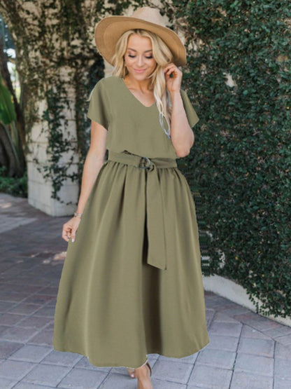 Ruched V-Neck Cap Sleeve Dress Matcha Green