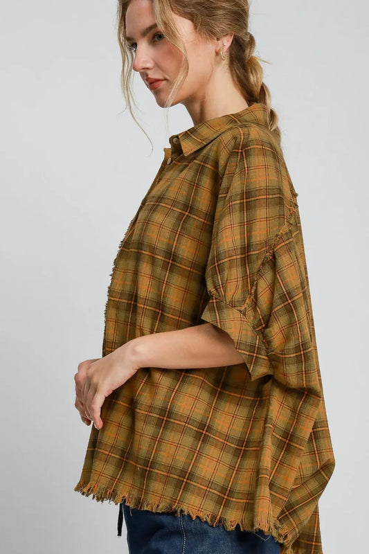 Umgee Full Size Raw Hem Plaid Collared Neck Half Sleeve Shirt Plus Size