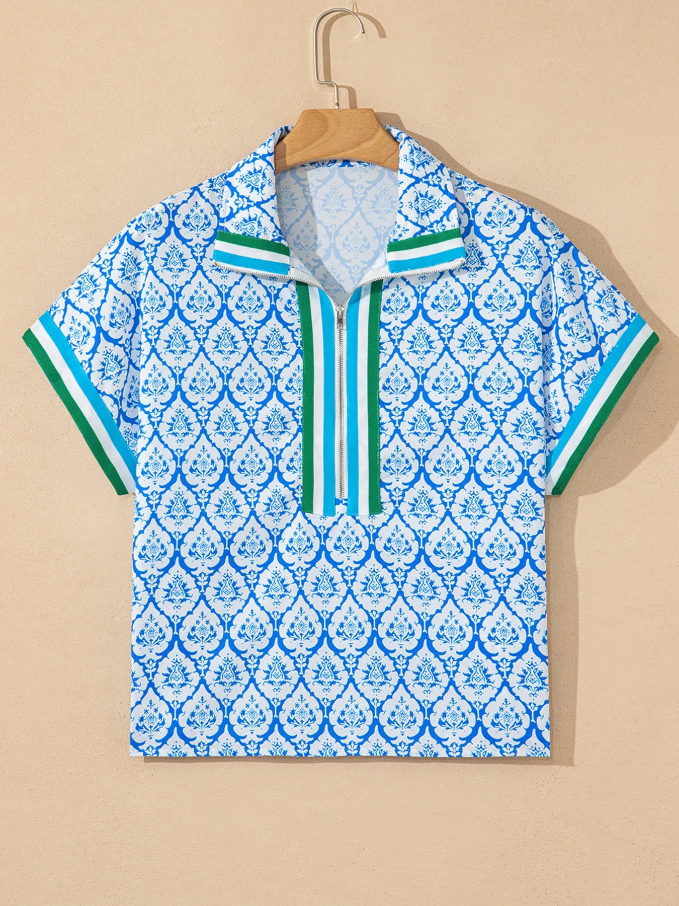 Western Print Zipped Collar Short Sleeve Summer Blouse Top