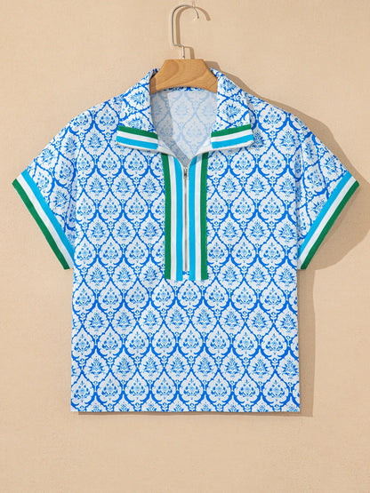 Western Print Zipped Collar Short Sleeve Summer Blouse Top