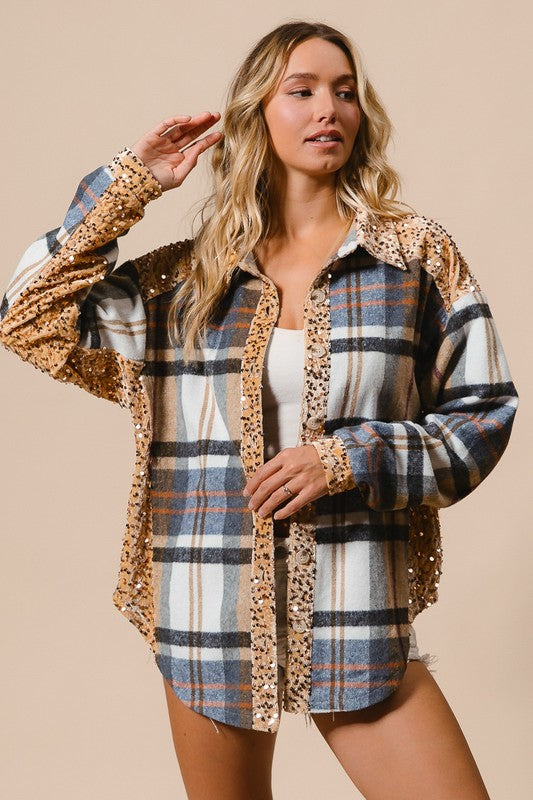 BiBi Curved Hem Sequin Plaid Button Up Shacket Latte Multi
