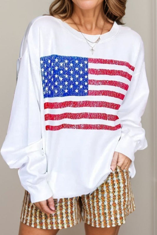 US Flag Round Neck Long Sleeve Sweatshirt White