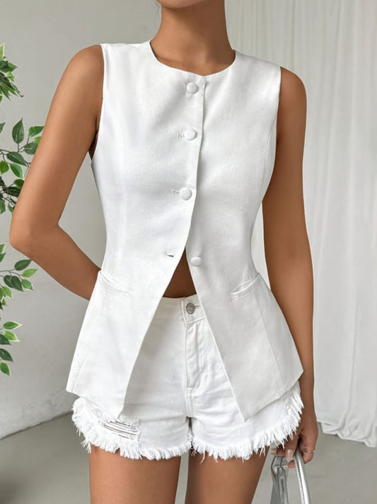 Button Down Round Neck Vest White