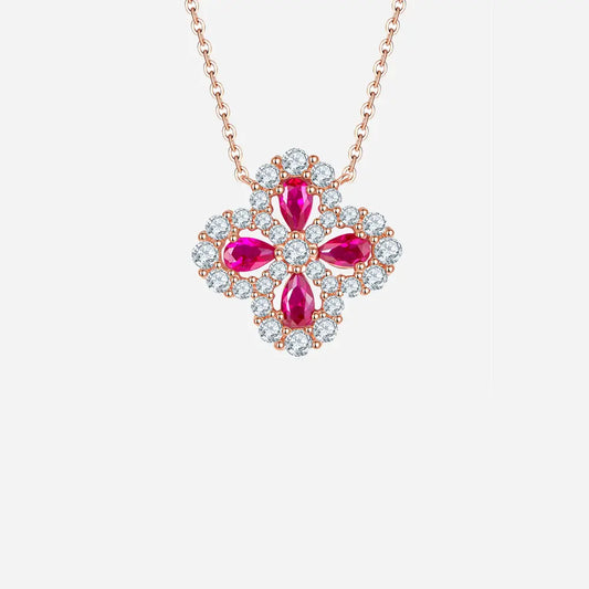 Lab-Grown Ruby 925 Sterling Silver Flower Shape Necklace Hot Pink One Size