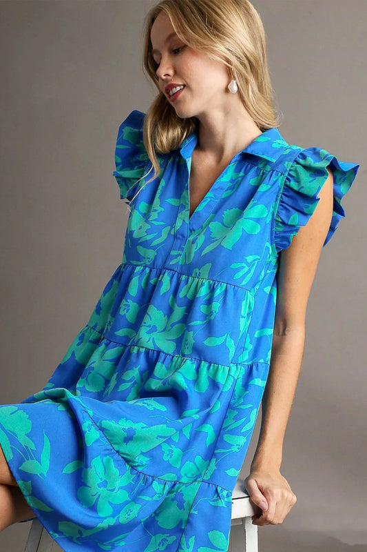 Umgee Full Size Floral Print Ruffle Cap Sleeve Tiered Dress Plus Size Blue