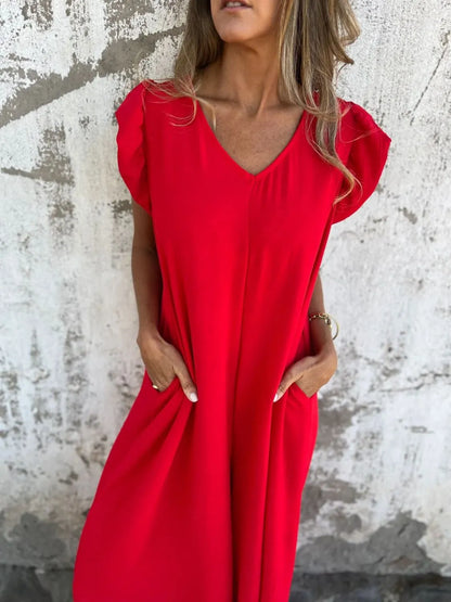 Full Size V-Neck Cap Sleeve Wide Leg Jumpsuit Plus Size Red