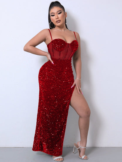 Sequin Spliced Mesh Adjustable Strap Dress Red