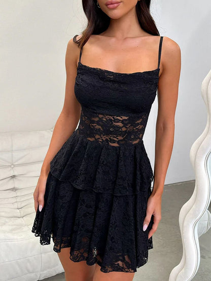 Devine Lace-Up Layered Lace Mini Cami Dress Black
