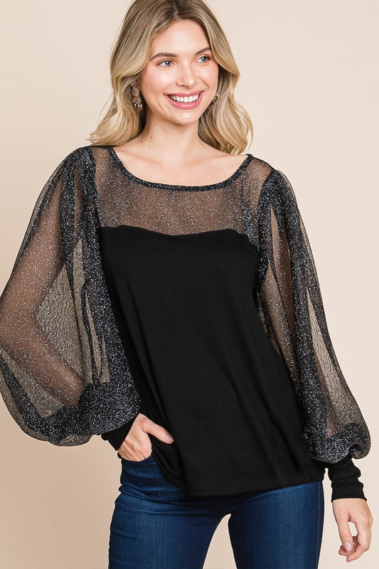 Super Lady Full Size Metallic Mesh Lantern Sleeve Blouse Black