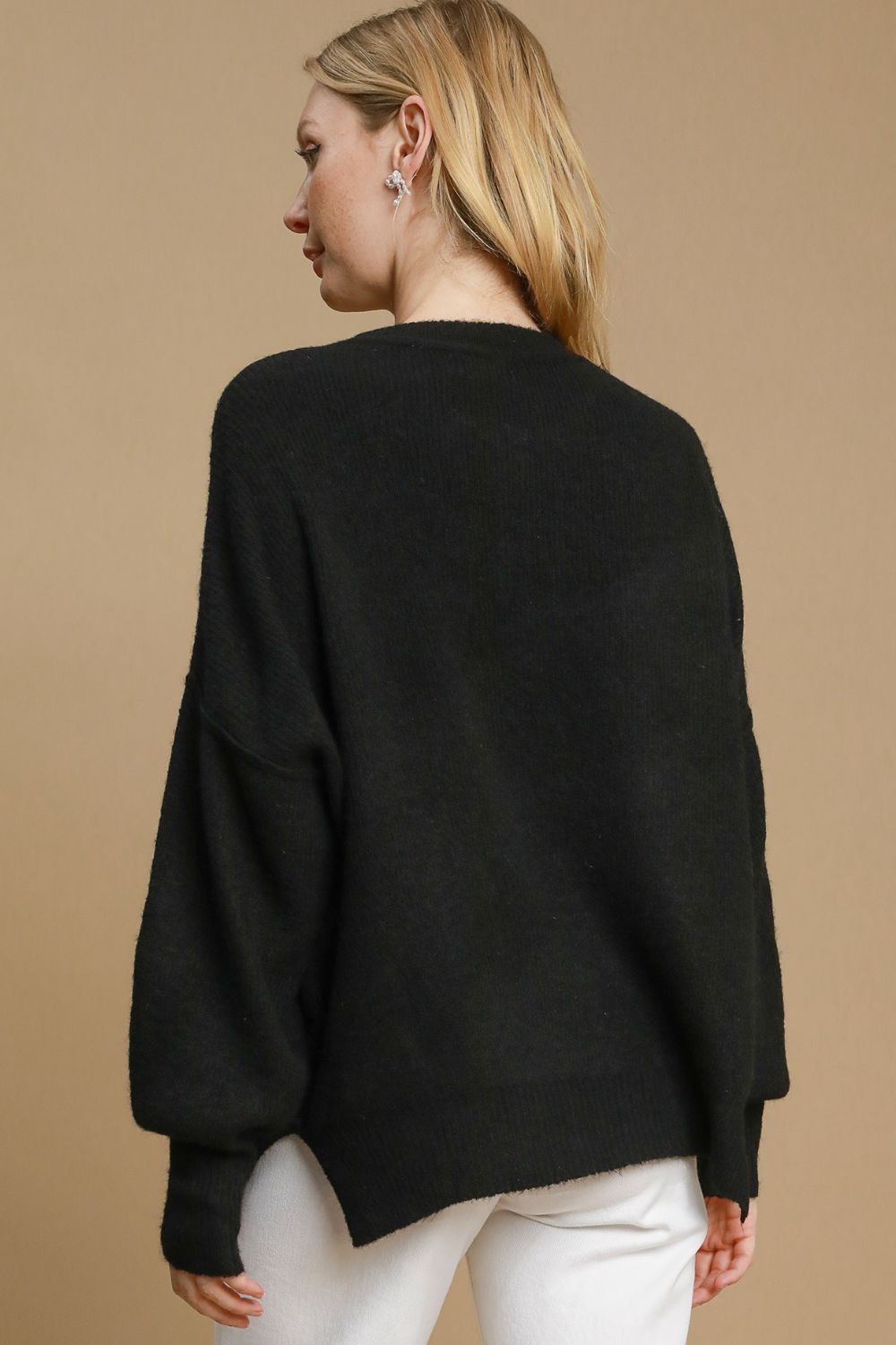 Umgee Full Size Side Slit Wool Blend Round Neck Sweater Plus Size