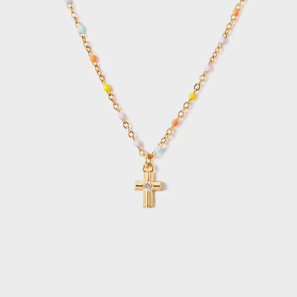 Inlaid Zircon 18K Gold-Plated Cross Bead Necklace Gold One Size