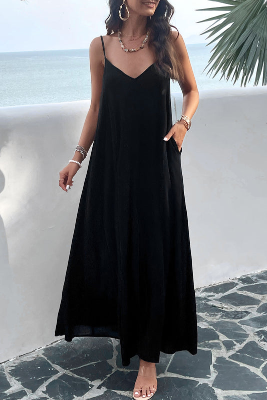 Devine Backless Maxi Cami Dress with Pockets Black