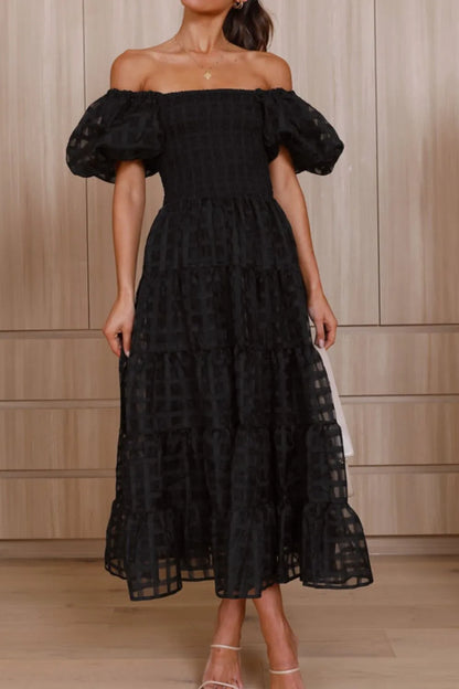 Off Shoulder Short Puff Sleeve Midi Dress Black