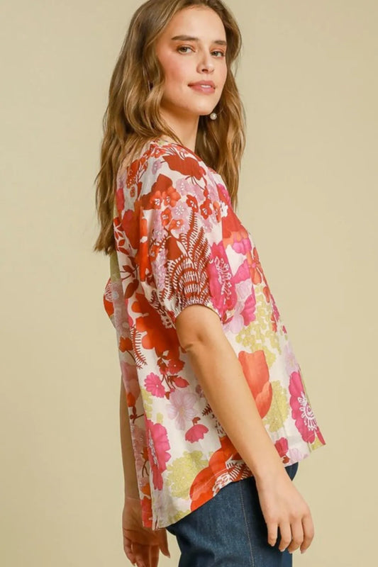 Umgee Full Size Floral Print Half Button Puff Sleeve Blouse Plus Size