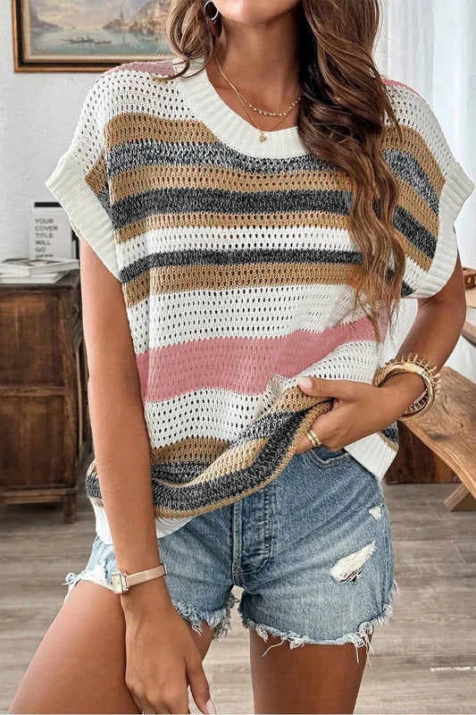 Stripe Color Block Eyelet Knit Short Sleeve Knit Top Dusty Pink