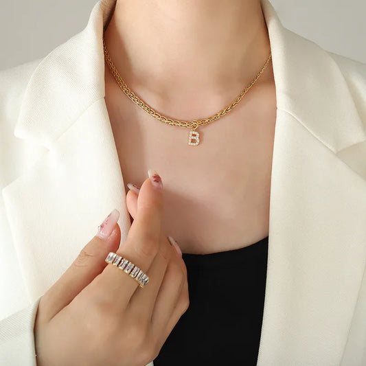 Brass Inlaid Zircon Letter Pendant Necklace Style B One Size