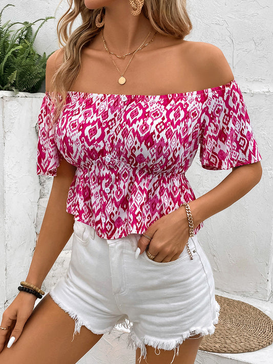 Perfee Peplum Printed Off-Shoulder Short Sleeve Blouse Hot Pink