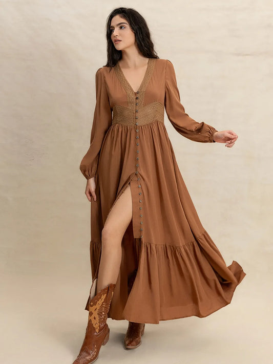 Ruffled Hem V-Neck Balloon Sleeve Maxi Dress Caramel