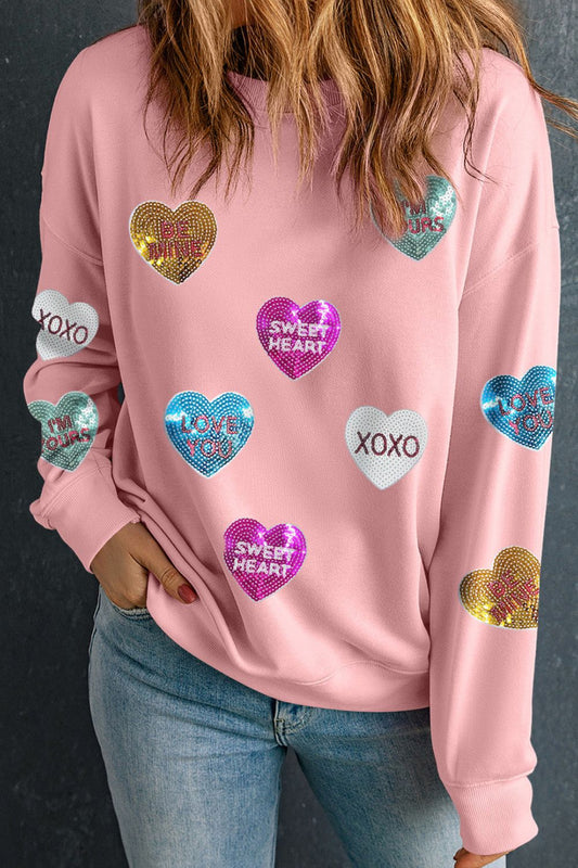 Valentine’s Day Sequin Heart Round Neck Long Sleeve Sweatshirt Blush Pink