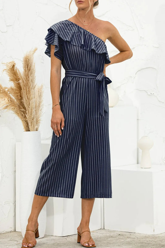 Ruffled Single Shoulder Tie Waist Jumpsuit Dark Blue