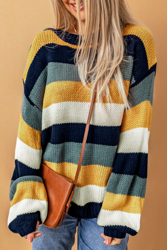 Color Block Round Neck Dropped Shoulder Sweater Gold