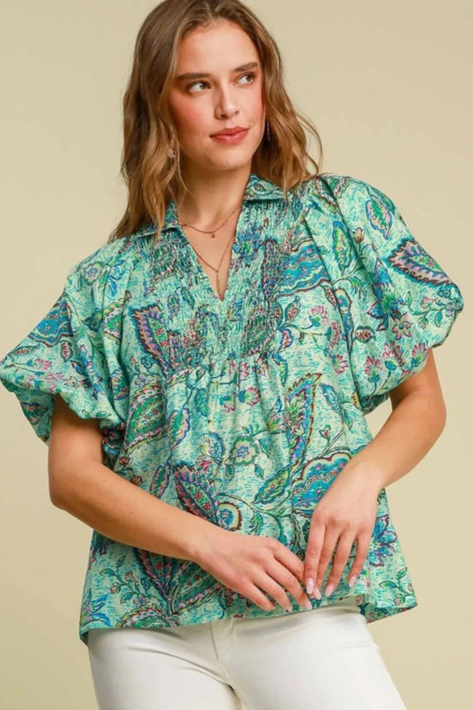 Umgee Full Size Woven Abstract Print Johnny Collar Puff Sleeve Blouse Plus Size Gum Leaf