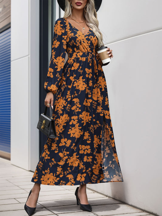 Perfee Split Printed Surplice Long Sleeve Midi Dress Black