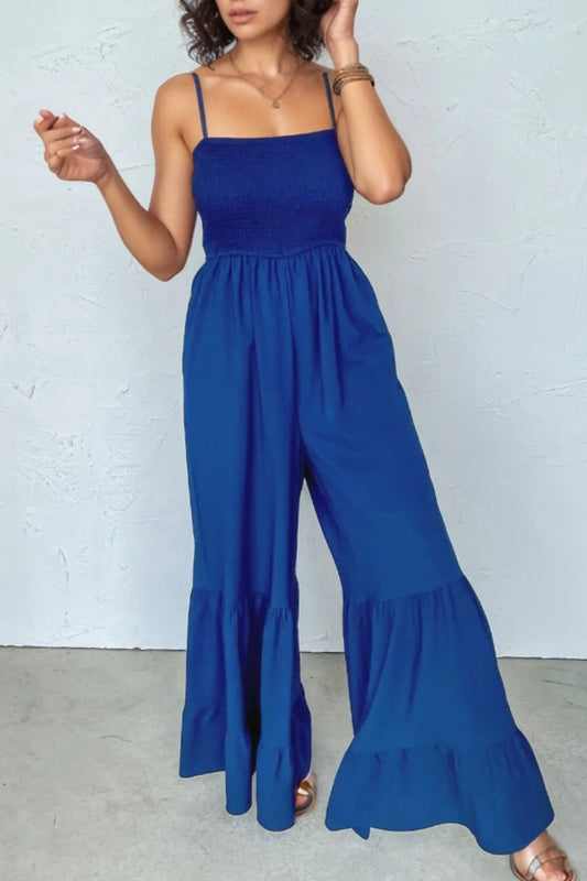 Spaghetti Straps Smocked Ruffled Wide Leg Jumpsuit Royal Blue