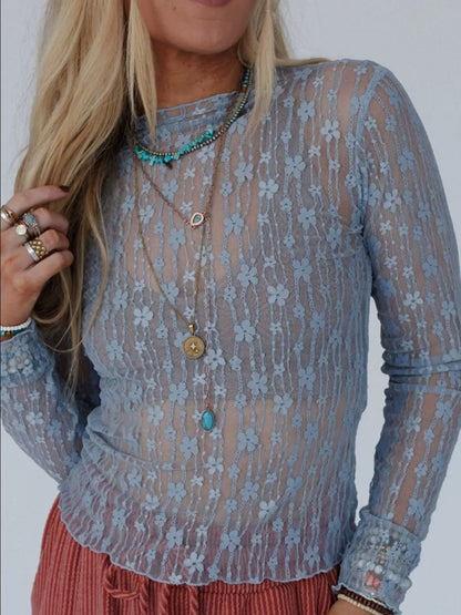 Lace See-Through Long Sleeve Blouse Light Blue