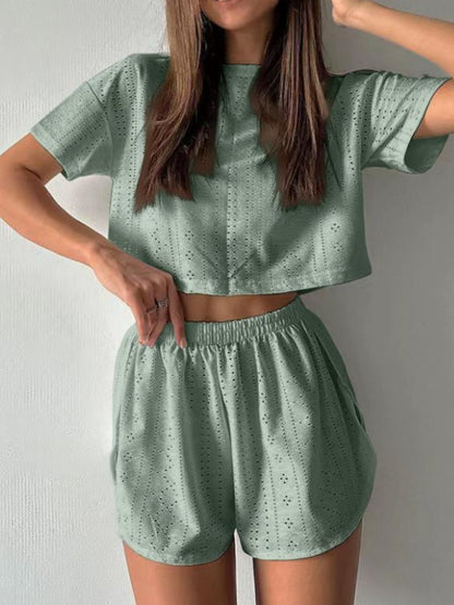 Eyelet Round Neck Top and Shorts Set Sage
