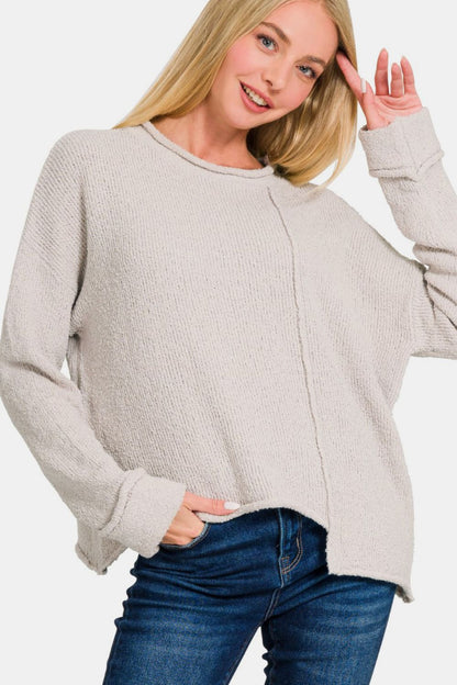Zenana Asymmetric Hem Drop Shoulder Sweater Bone