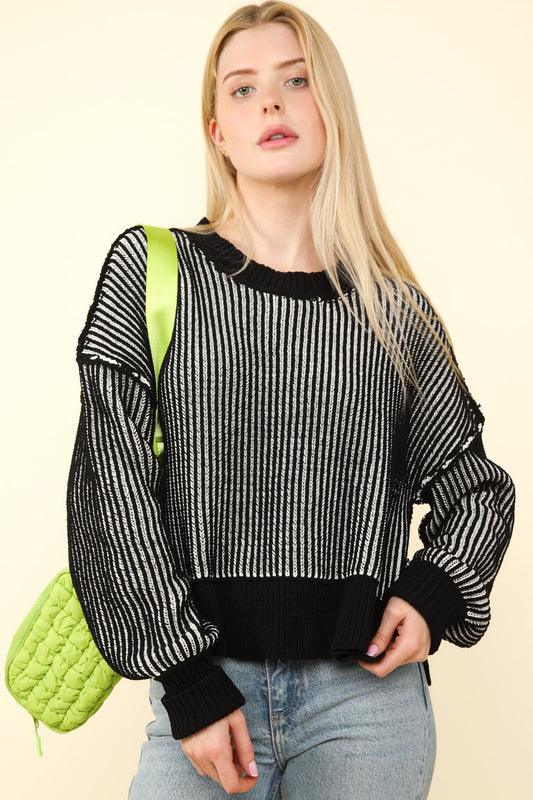 VERY J Exposed Seam Cropped Striped Slit Sweater Black