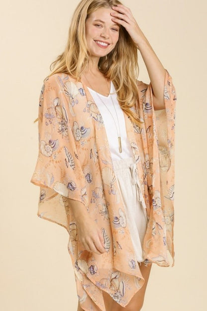 Umgee Full Size Sheer Mixed Print Kimono with Side Slit Plus Size PEACH MIX