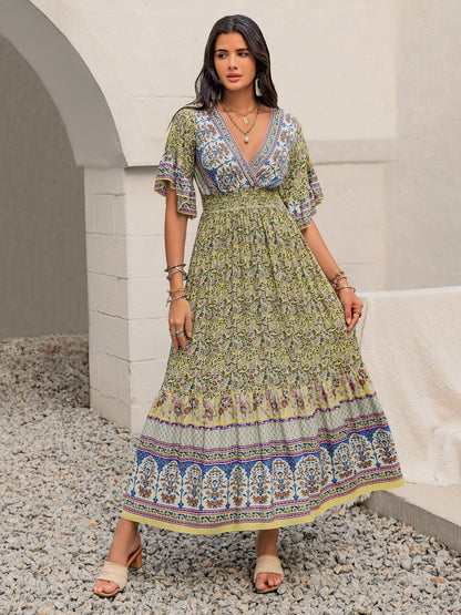 Ruched Printed Flounce Sleeve Maxi Dress Yellow-Green