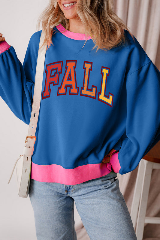 Letter Graphic Contrast Long Sleeve Sweatshirt Peacock Blue