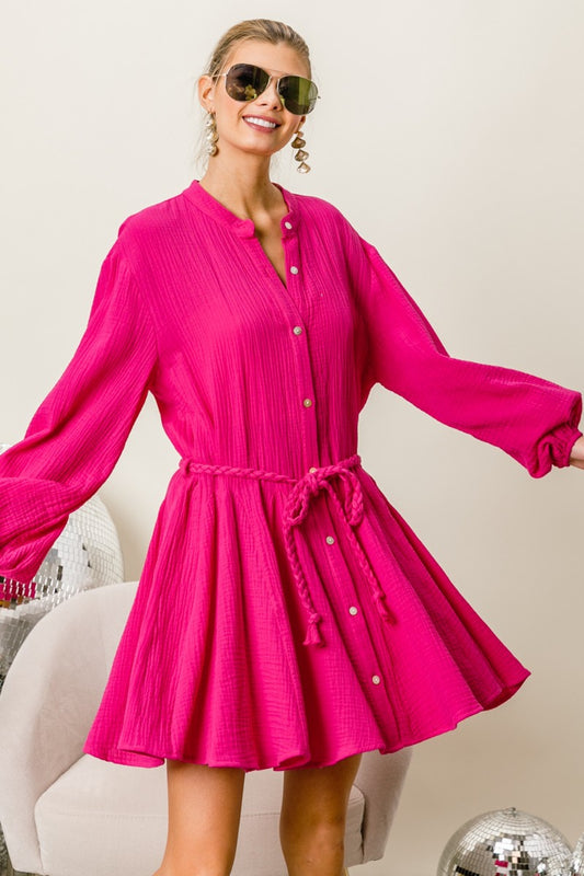 BiBi Button Up Texture Mini Dress with Braid Waist Strap Fuchsia