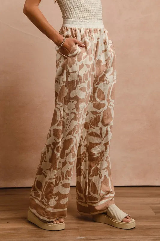 BiBi Floral Print Woven Elastic Waist Pants With Side Pockets