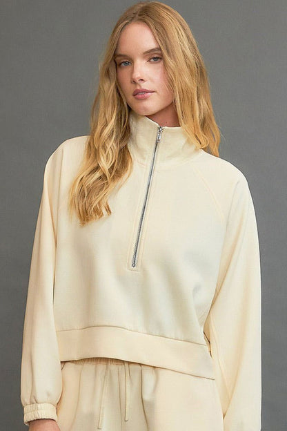 Umgee Full Size Half Zip Cropped Sweatshirt Plus Size Pastel Yellow