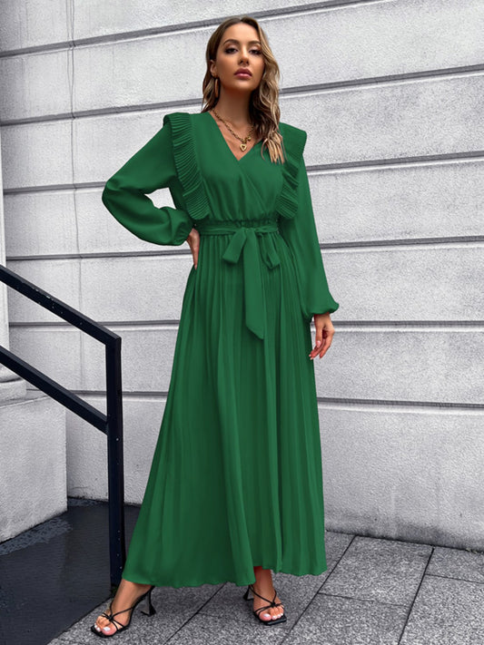 Pleated Surplice Tie Waist Maxi Dress Dark Green
