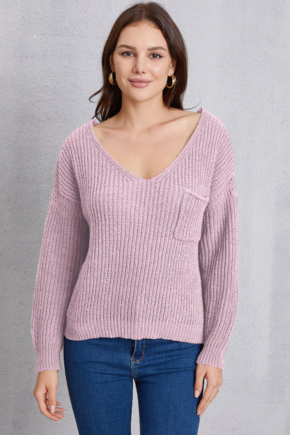 V-Neck Pocketed Dropped Shoulder Knit Top Lavender