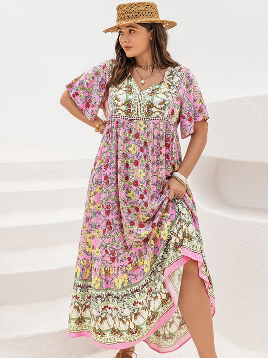Plus Size Floral Tie Neck Flutter Sleeve Maxi Dress Blush Pink