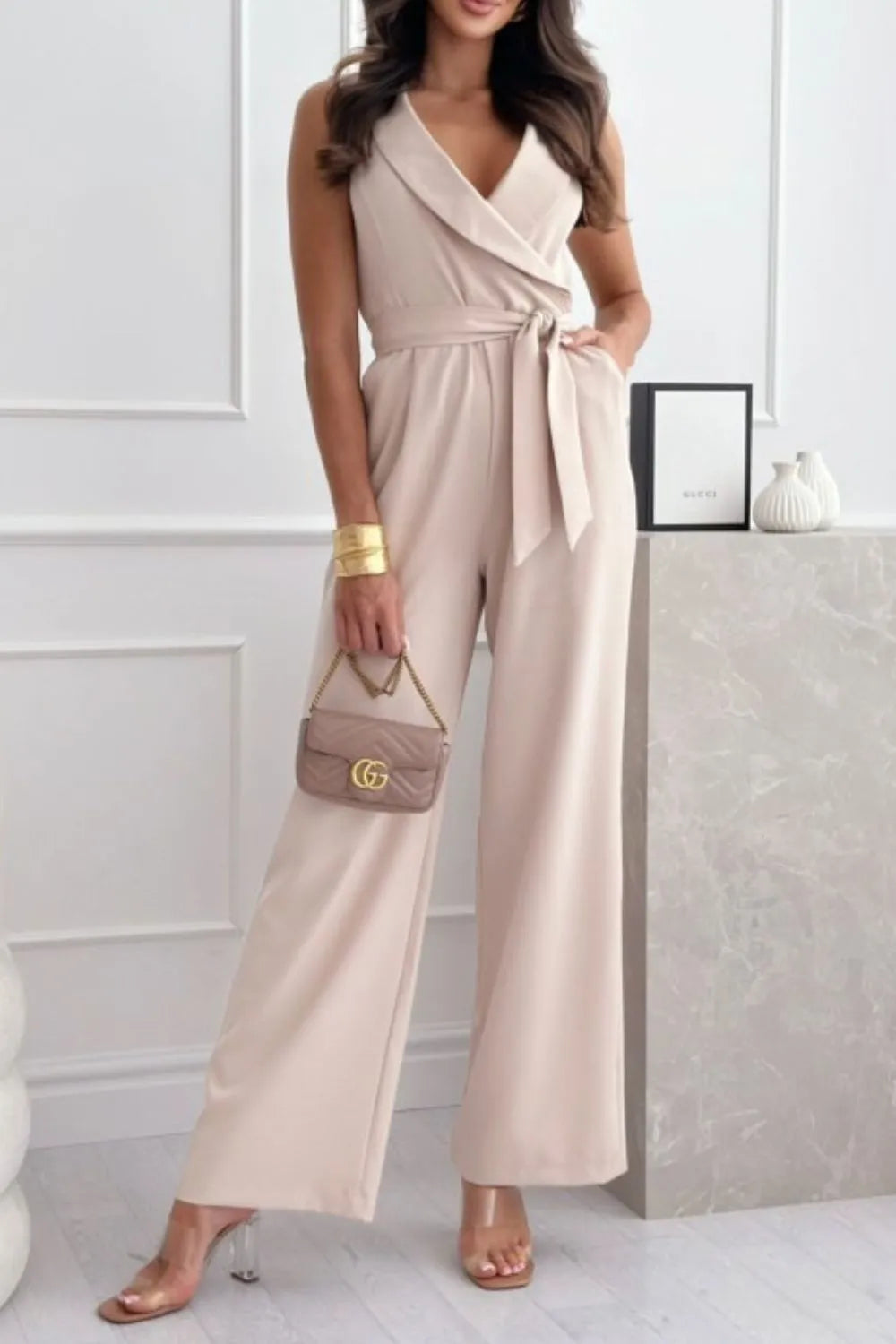Surplice Sleeveless Wide Leg Jumpsuit Dust Storm