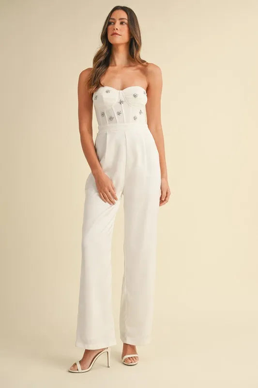 MABLE Rhinestone Applique Bustier Jumpsuit Off White