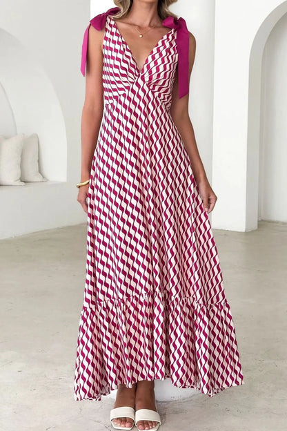 Printed V-Neck Tie Shoulder Midi Cami Dress
