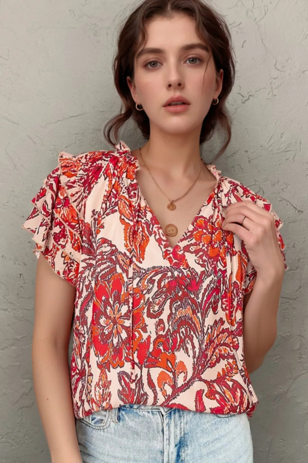 Vintage Floral Ruffle Sleeve V Neck Blouse Strawberry