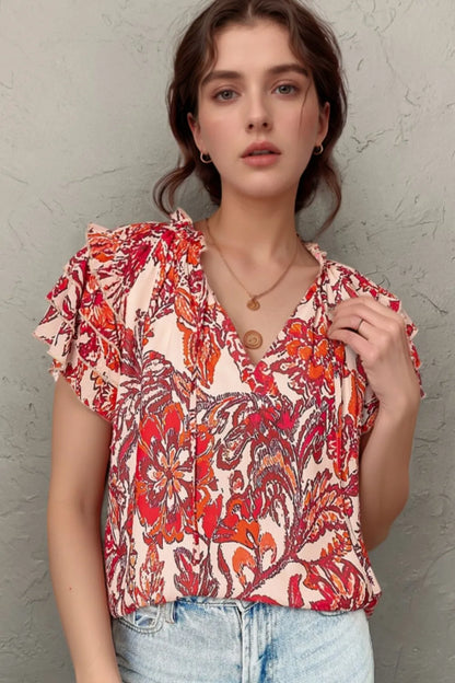 Vintage Floral Ruffle Sleeve V Neck Blouse Strawberry