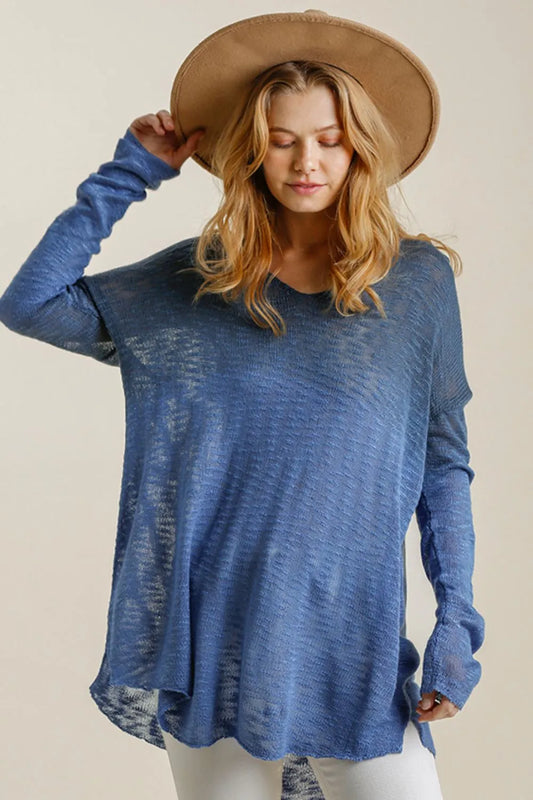 Umgee Full Size Dip Dye Loose Knit Side Slit Knit Top Plus Size Navy