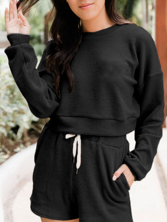 Ribbed Round Neck Long Sleeve Top and Shorts Set Black