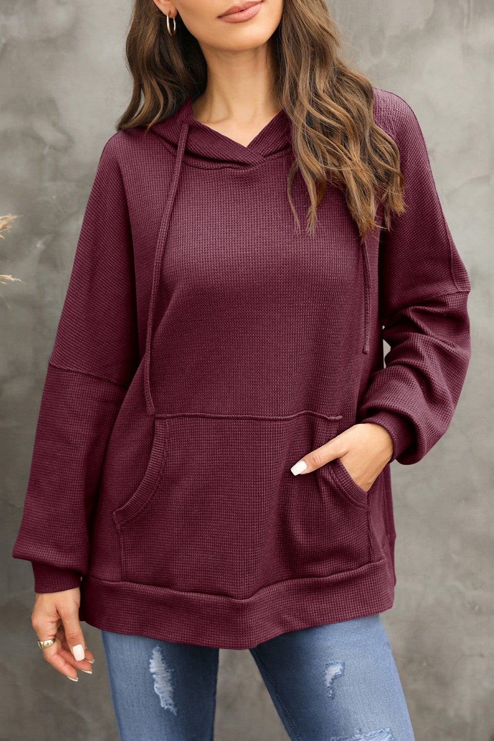 Waffle-Knit Long Sleeve Hoodie Burgundy
