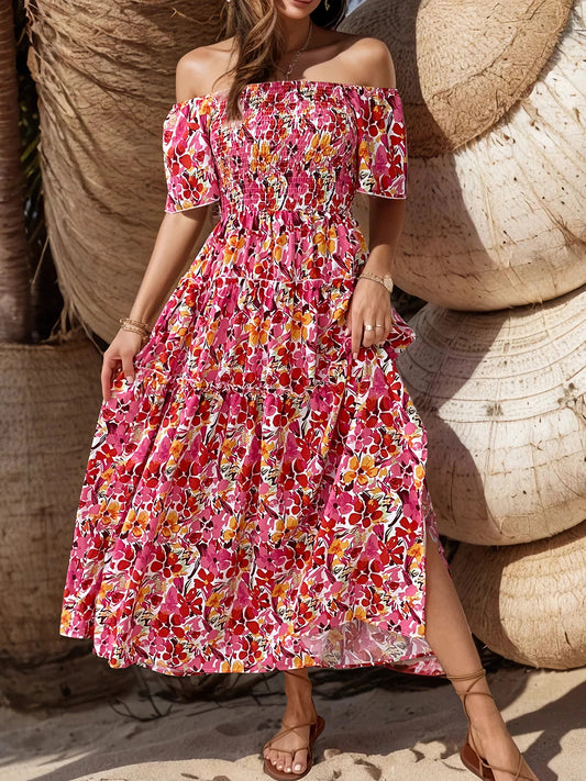 Perfee Slit Floral Off-Shoulder Short Sleeve Dress Hot Pink